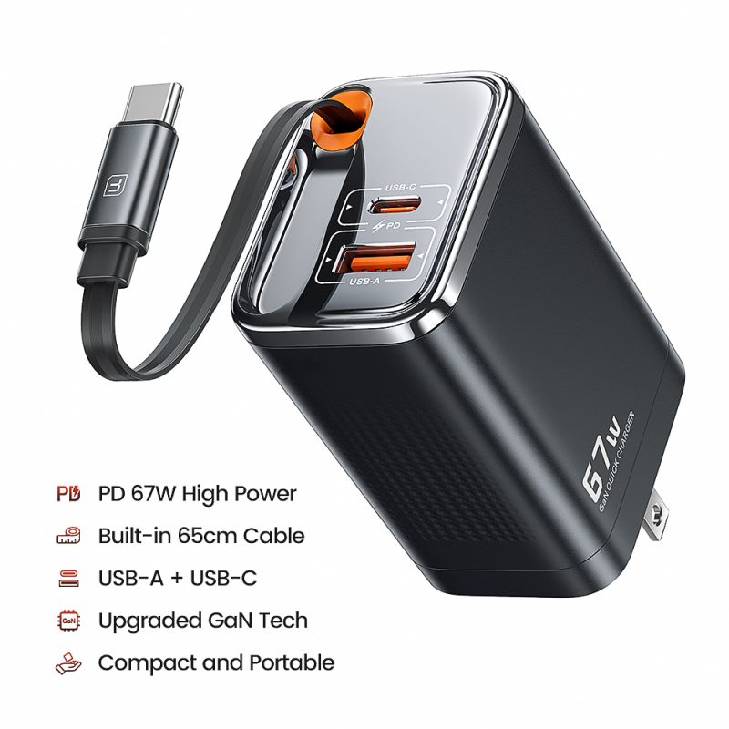 Toocki 67W GaN USB C 충전기 (접이식 Type C 케이블 포함) PPS PD3.0 SFC2.0 고속 충전기 (iPhone 16 15, Samsung S25 S24, 노트북 호환)
