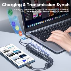 Toocki Coiled USB Type C Lightning Cable Digital Display Spring 100W Fast Charing Type C Charger Cord for Mobile Phones Laptops