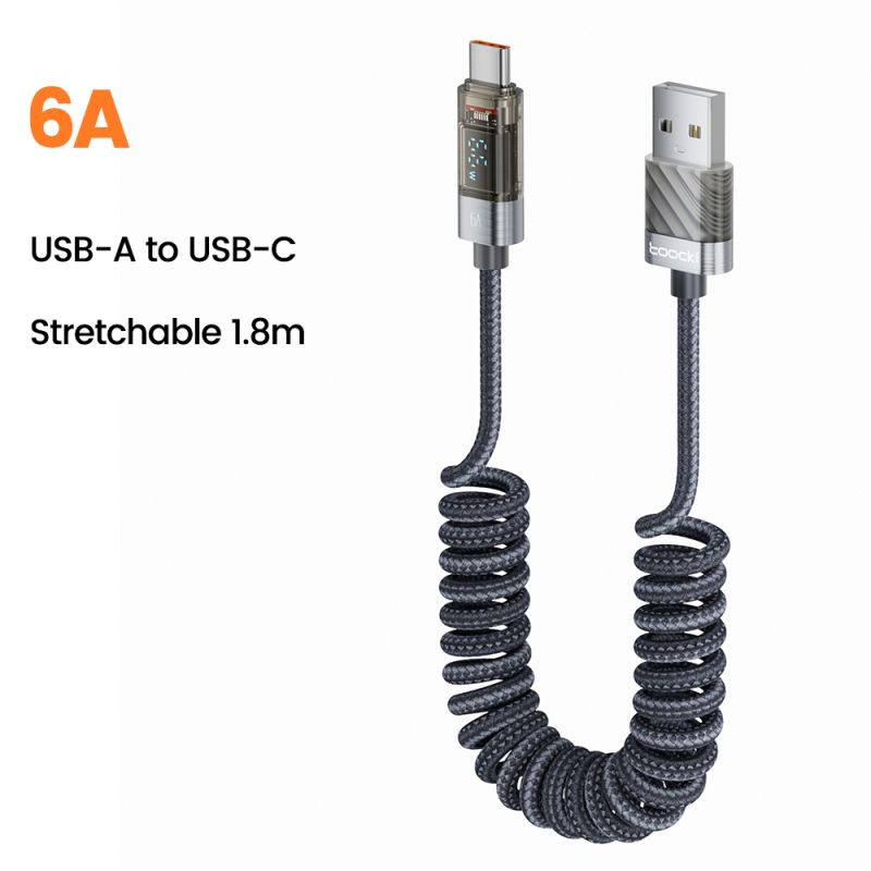 Toocki Coiled USB Type C Lightning Cable Digital Display Spring 100W Fast Charing Type C Charger Cord for Mobile Phones Laptops