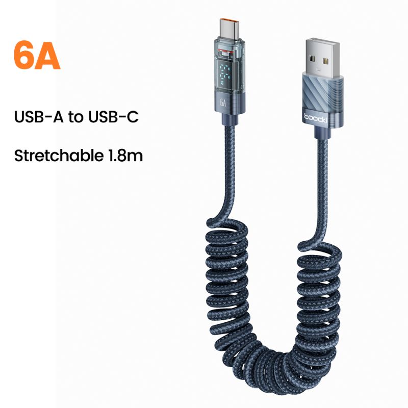 Toocki Coiled USB Type C Lightning Cable Digital Display Spring 100W Fast Charing Type C Charger Cord for Mobile Phones Laptops