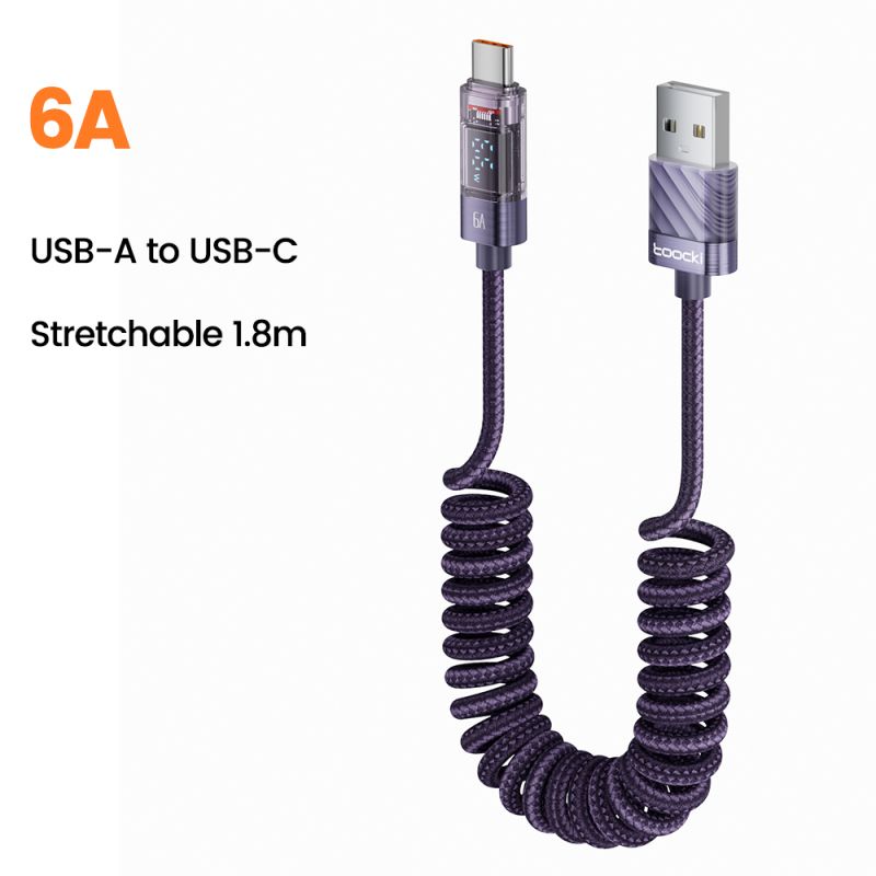 Toocki Coiled USB Type C Lightning Cable Digital Display Spring 100W Fast Charing Type C Charger Cord for Mobile Phones Laptops