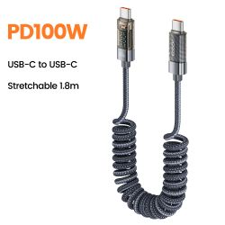 Toocki Coiled USB Type C Lightning Cable Digital Display Spring 100W Fast Charing Type C Charger Cord for Mobile Phones Laptops
