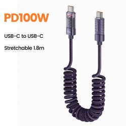 Toocki Coiled USB Type C Lightning Cable Digital Display Spring 100W Fast Charing Type C Charger Cord for Mobile Phones Laptops