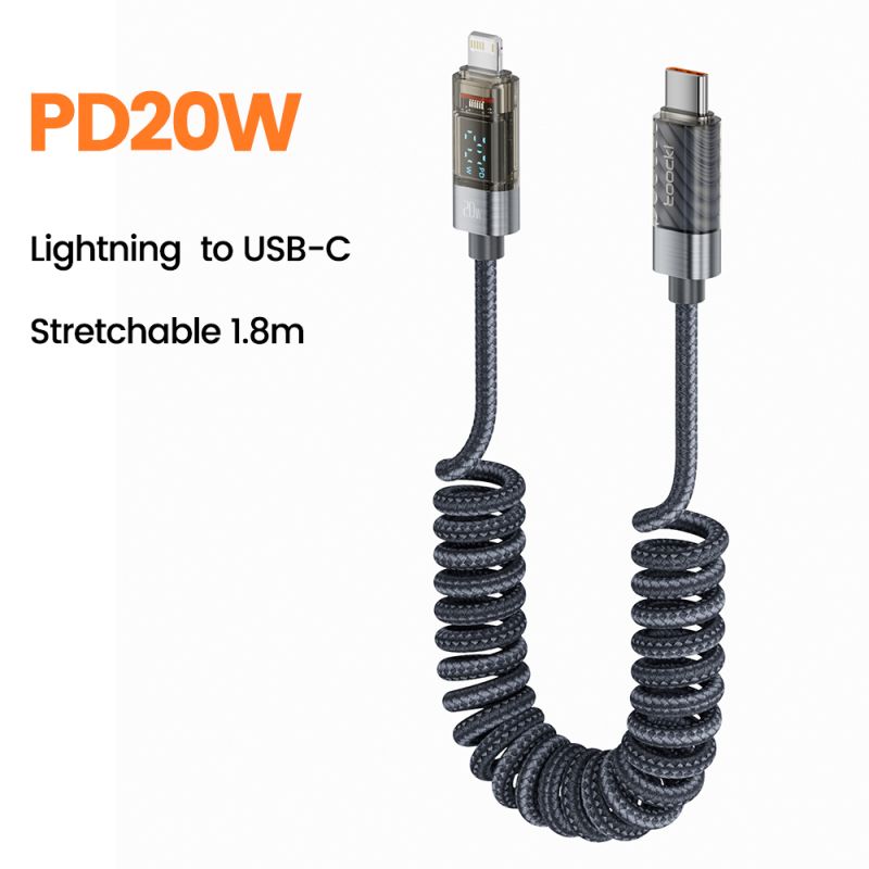 Toocki Coiled USB Type C Lightning Cable Digital Display Spring 100W Fast Charing Type C Charger Cord for Mobile Phones Laptops