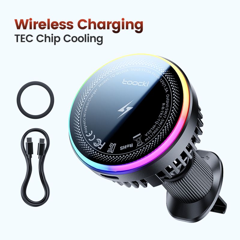 Bộ sạc không dây trên ô tô Toocki QI 15W dành cho iPhone 17 16 Samsung TEC, có chức năng làm lạnh và giữ điện thoại bằng nam châ