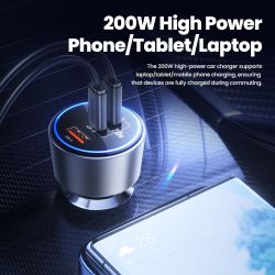 Chargeur de voiture Toocki 200 W Quick Charge 4.0 PPS 45 W PD 100 W, compatible USB-C, pour MacBook, iPhone 15 et Samsung.
