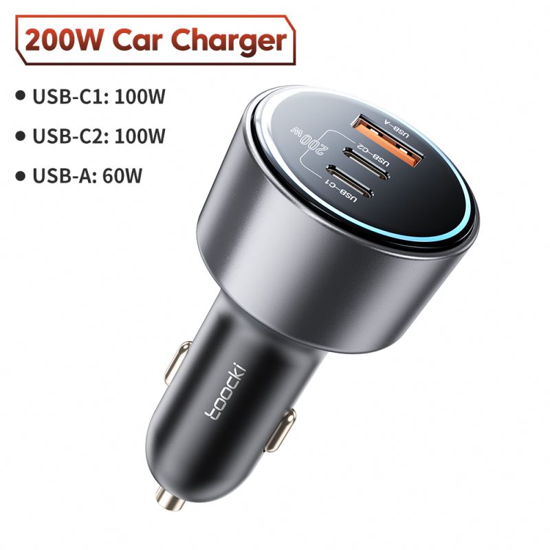 Chargeur de voiture Toocki 200 W Quick Charge 4.0 PPS 45 W PD 100 W, compatible USB-C, pour MacBook, iPhone 15 et Samsung.
