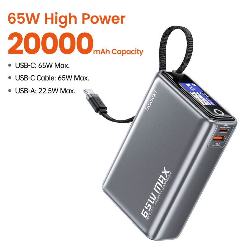 Sạc dự phòng Toocki 65W 20000mAh PD3.0 hiển thị kỹ thuật số, sạc nhanh cho laptop, iPhone 17 16 inch.