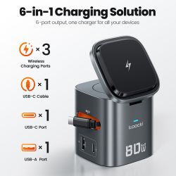 Trạm sạc GaN 6 trong 1 Toocki 80W hỗ trợ MagSafe, sạc không dây 15W PD 65W, cáp rút 60W cho Macbook và iPhone 17 16