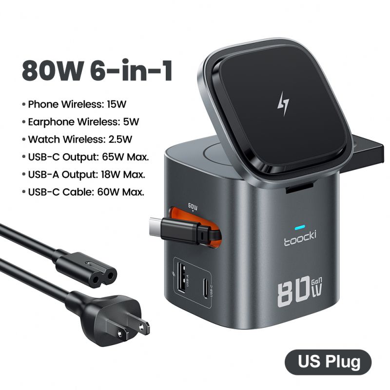 Trạm sạc GaN 6 trong 1 Toocki 80W hỗ trợ MagSafe, sạc không dây 15W PD 65W, cáp rút 60W cho Macbook và iPhone 17 16