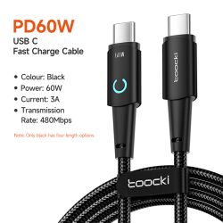 Toocki 100W USB C to USB C Cable PD Fast Charge Mobile Phone Cord For Xiaomi Huawei Samsung MacBook Poco3 Type C to Type C Cable