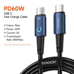 Cáp USB C sang USB C 100W Toocki PD sạc nhanh cho điện thoại di động Xiaomi Huawei Samsung MacBook Poco3.