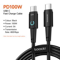 Toocki 100W USB C to USB C Cable PD Fast Charge Mobile Phone Cord For Xiaomi Huawei Samsung MacBook Poco3 Type C to Type C Cable