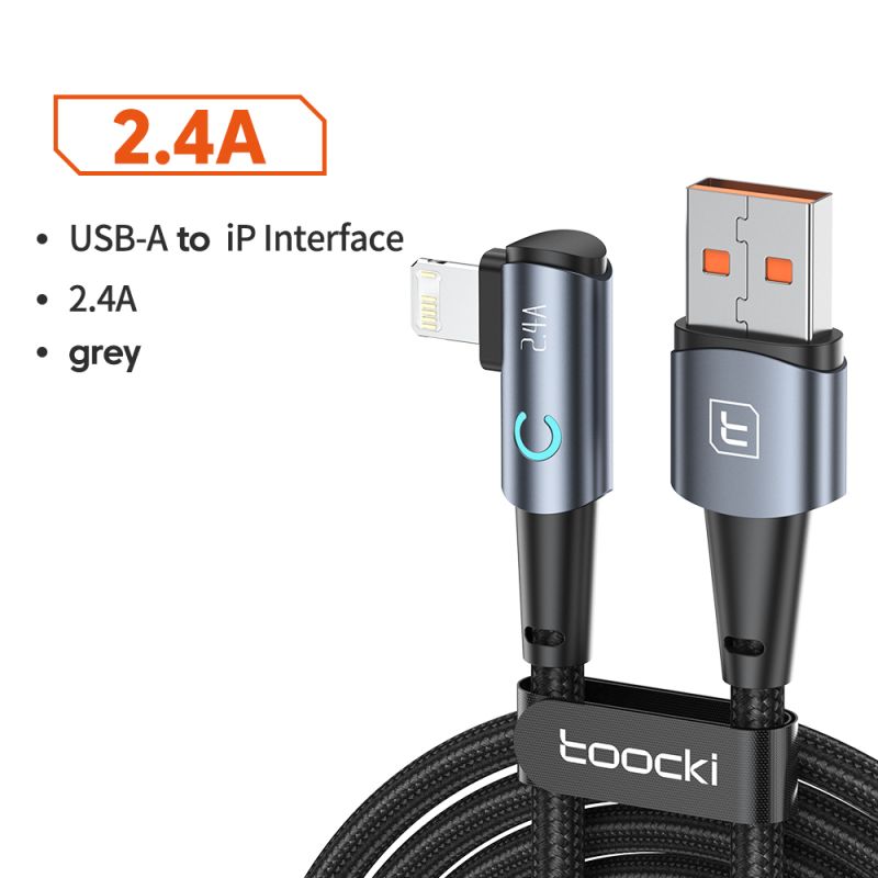 สาย USB Toocki 90 องศา สำหรับ iPhone 14 13 12 11 Pro Max Pro Max 8 7 Plus 2.4A สาย USB Lightning สำหรับ iPhone iPad สายเกมมิ่ง