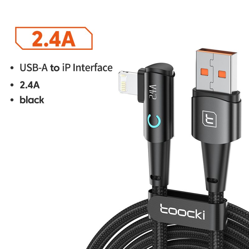 สาย USB Toocki 90 องศา สำหรับ iPhone 14 13 12 11 Pro Max Pro Max 8 7 Plus 2.4A สาย USB Lightning สำหรับ iPhone iPad สายเกมมิ่ง