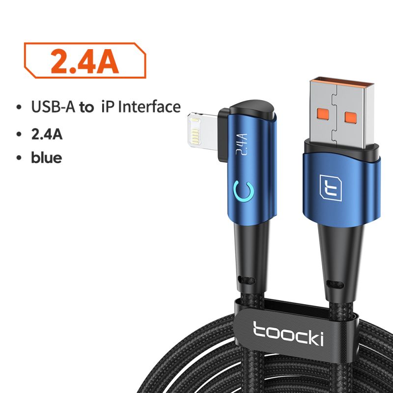 สาย USB Toocki 90 องศา สำหรับ iPhone 14 13 12 11 Pro Max Pro Max 8 7 Plus 2.4A สาย USB Lightning สำหรับ iPhone iPad สายเกมมิ่ง