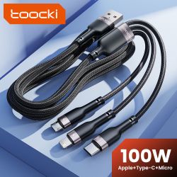 Зарядний кабель Toocki 100W 3 в 1 USB Cale Micro USB Type-C з підсвічуванням для iPhone 15 14 Samsung Galaxy S24 S23 Xiaomi Huaw
