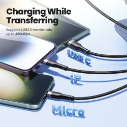 Зарядний кабель Toocki 100W 3 в 1 USB Cale Micro USB Type-C з підсвічуванням для iPhone 15 14 Samsung Galaxy S24 S23 Xiaomi Huaw