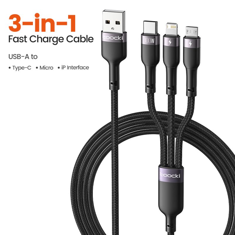 Зарядний кабель Toocki 100W 3 в 1 USB Cale Micro USB Type-C з підсвічуванням для iPhone 15 14 Samsung Galaxy S24 S23 Xiaomi Huaw