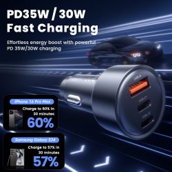 Ładowarka samochodowa Toocki 65W PD 35W Szybkie ładowanie dla iPhone'a 16 15 14 Samsunga S24 AFC USB C Ładowarka samochodowa do 