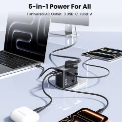 Bộ chuyển đổi nguồn du lịch đa năng Toocki GaN 65W toàn cầu với 2 cổng Type-C, 2 cổng USB và 1 ổ cắm AC, hỗ trợ sạc nhanh (EU/US