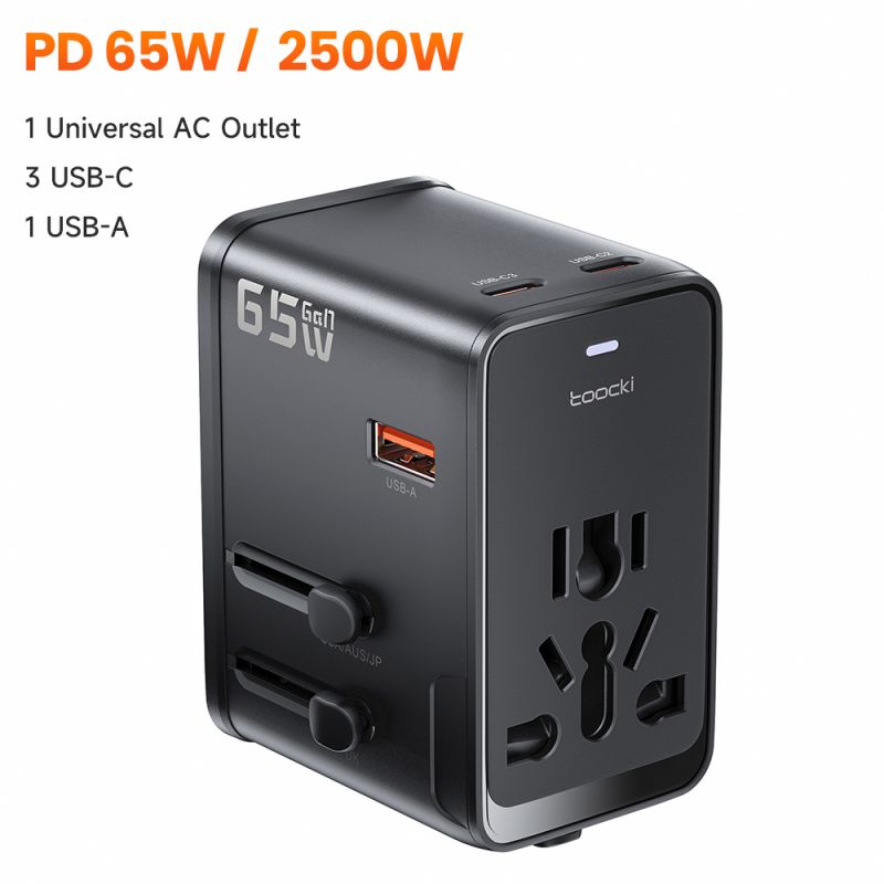 Bộ chuyển đổi nguồn du lịch đa năng Toocki GaN 65W toàn cầu với 2 cổng Type-C, 2 cổng USB và 1 ổ cắm AC, hỗ trợ sạc nhanh (EU/US